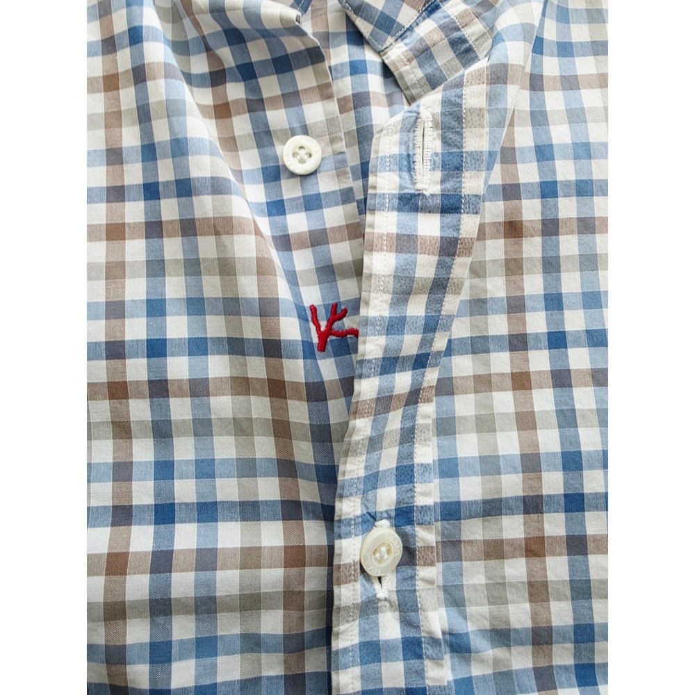 Isaia Napoli Mens 16.5 42 Blue Brown Check Cotton Button Down Shirt‎ Made Italy - Picture 4 of 11